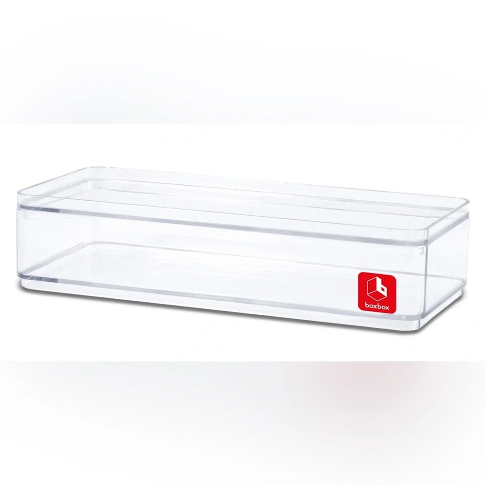 BoxBox Clear Acrylic Long 3 Compartment Makeup Jewelry Organizer Box w Lid! 11”